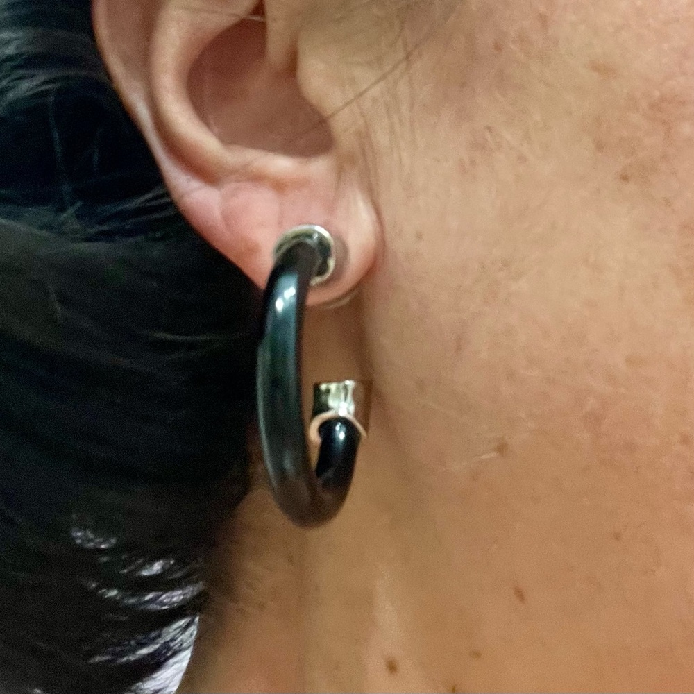 Black and Silver Hoop Earrings - Picture 4 of 16